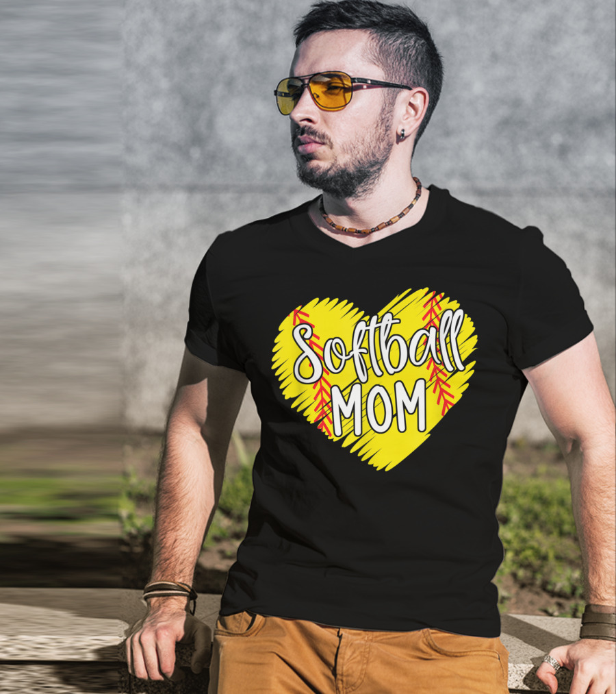Softball Mom Heart Yellow Red Stitching Baller Mama T-Shirt
