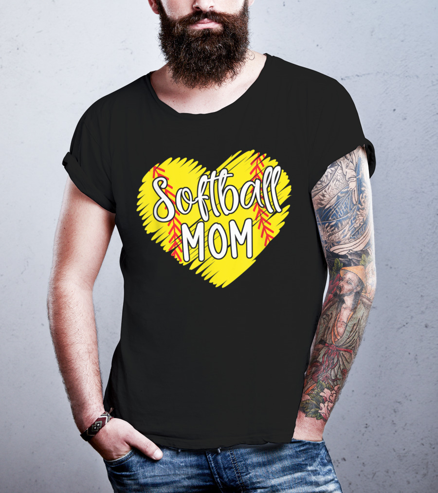 Softball Mom Heart Yellow Red Stitching Baller Mama T-Shirt