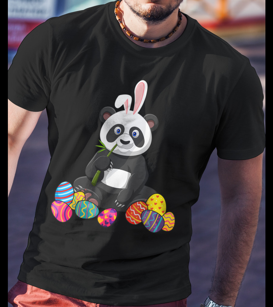 Panda Bunny Ear Eating Bamboo With Colorful Easter Eggs T-Shirt