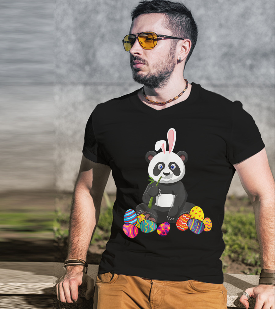 Panda Bunny Ear Eating Bamboo With Colorful Easter Eggs T-Shirt