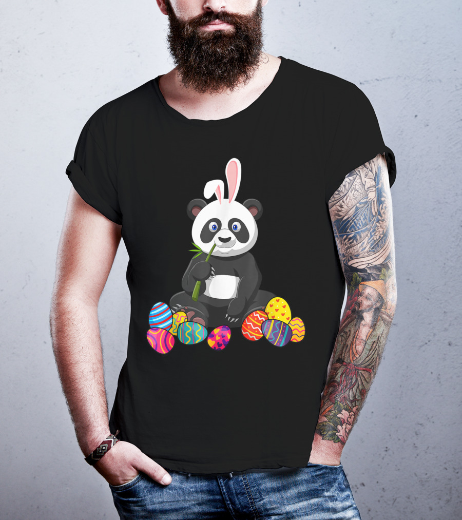 Panda Bunny Ear Eating Bamboo With Colorful Easter Eggs T-Shirt