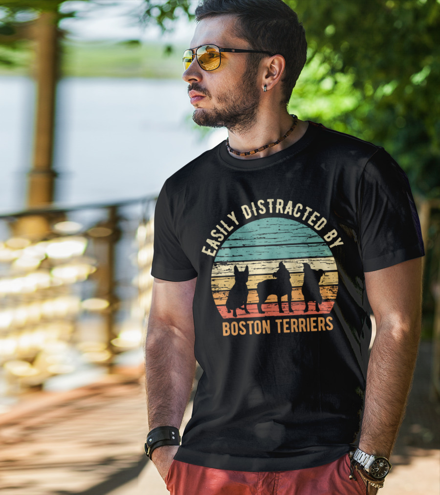 Easily Distracted By Boston Terriers Vintage Sunset T-Shirt