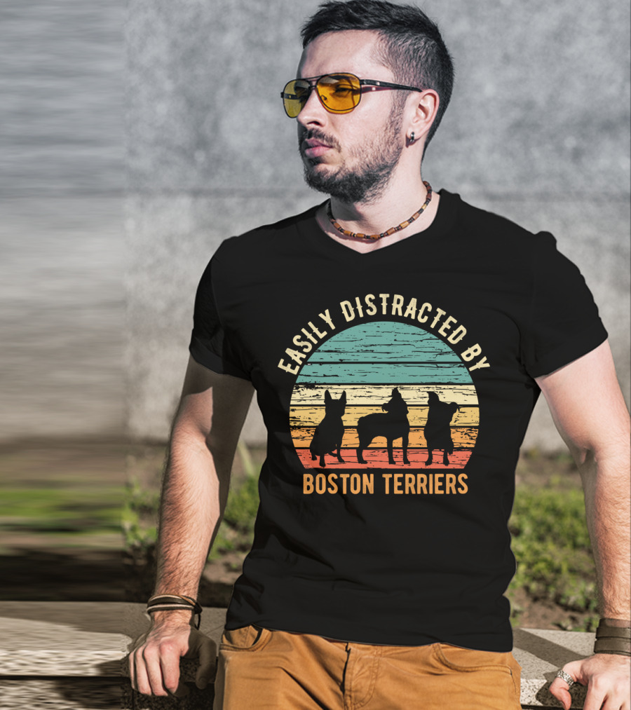Easily Distracted By Boston Terriers Vintage Sunset T-Shirt