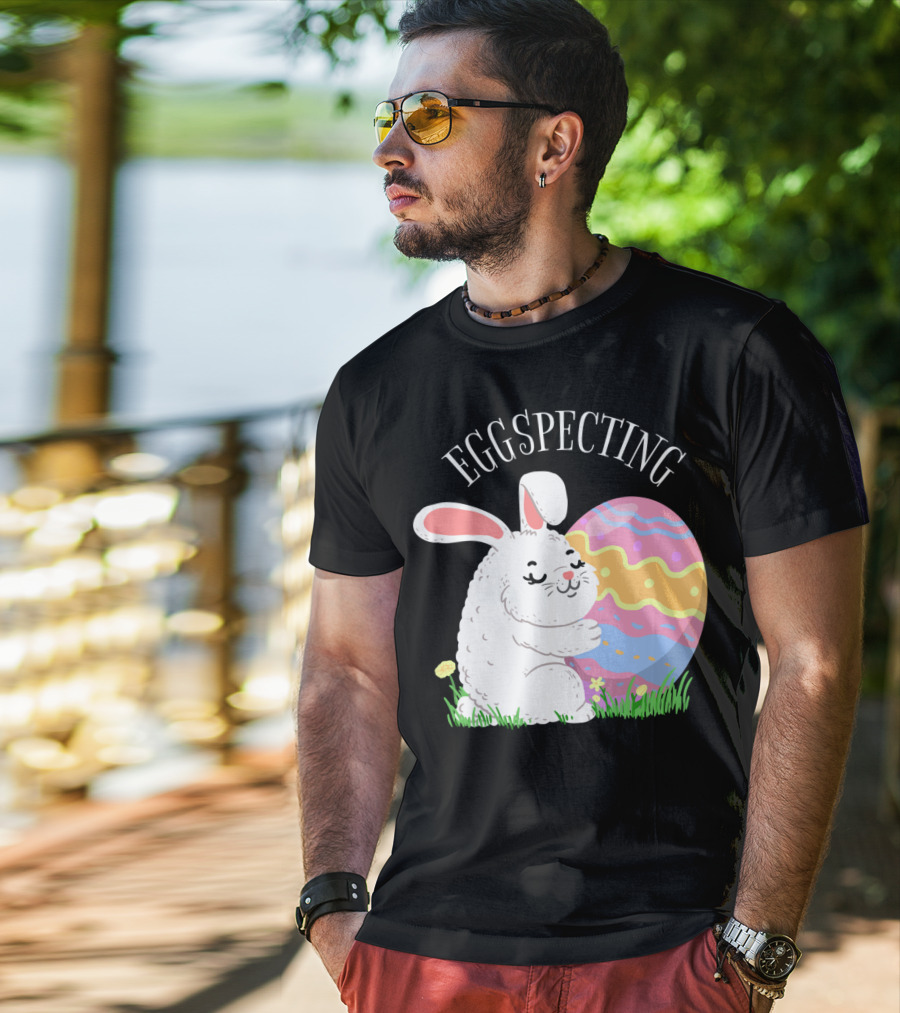 Eggspecting Easter Bunny Hugging Colorful Egg Pregnancy Announcement T-Shirt