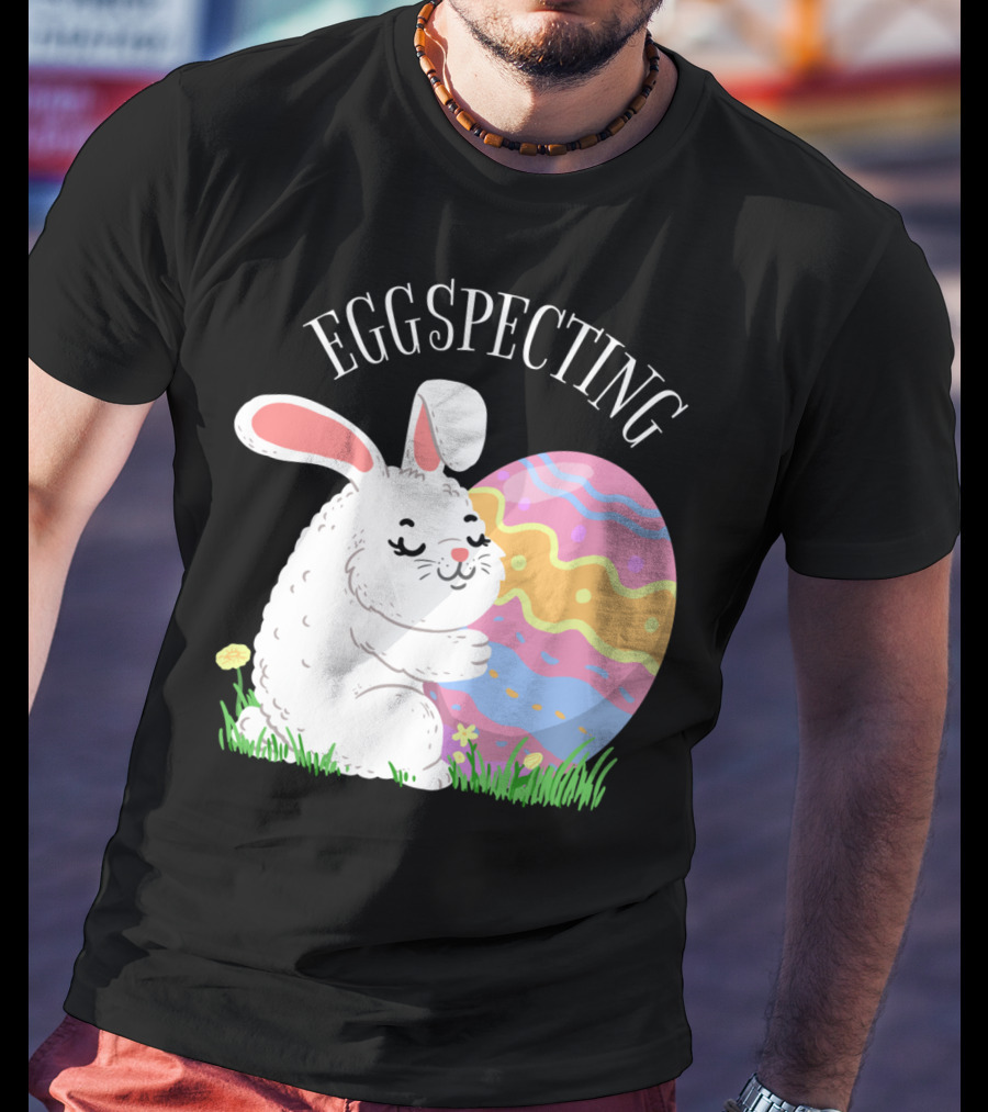 Eggspecting Easter Bunny Hugging Colorful Egg Pregnancy Announcement T-Shirt