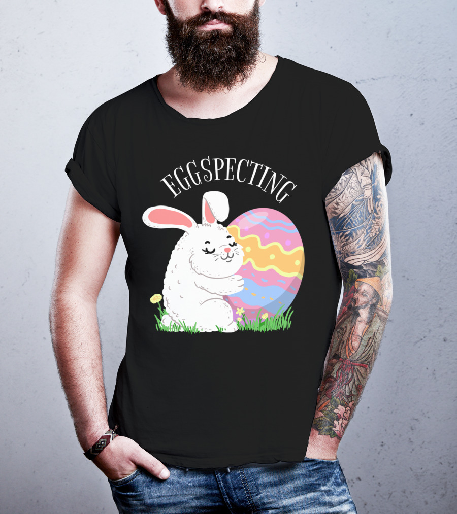 Eggspecting Easter Bunny Hugging Colorful Egg Pregnancy Announcement T-Shirt