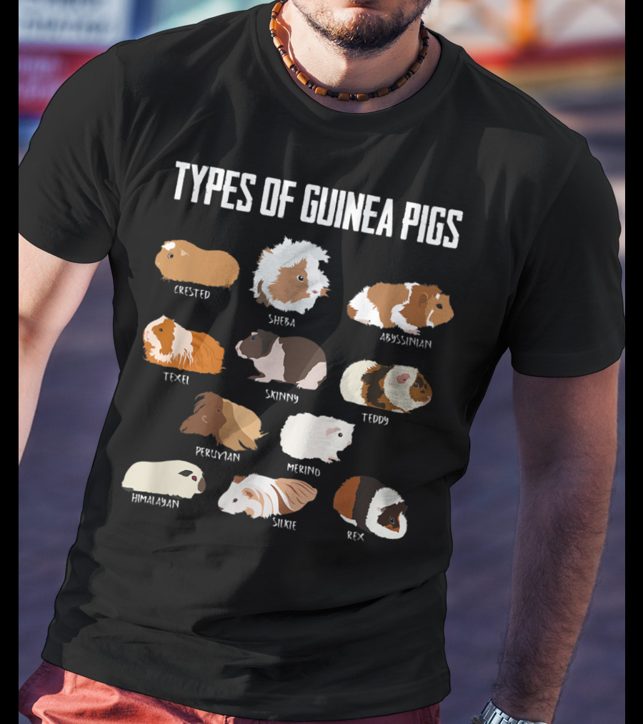 Types Of Guinea Pigs Crested Sheba Abyssinian Texel Skinny Teddy Peruvian Merino Himalayan Silkie Rex T-Shirt