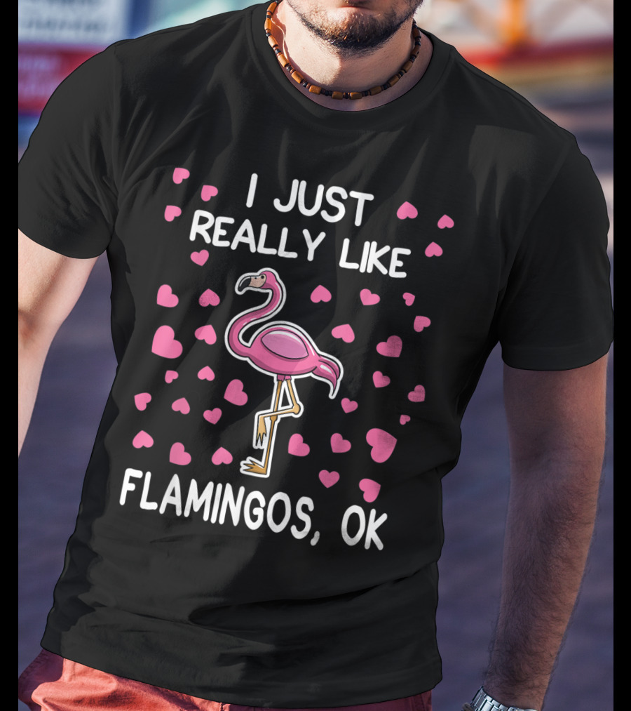 I Just Really Like Flamingos OK Surrounded By Pink Hearts Flamingo Lover T-Shirt
