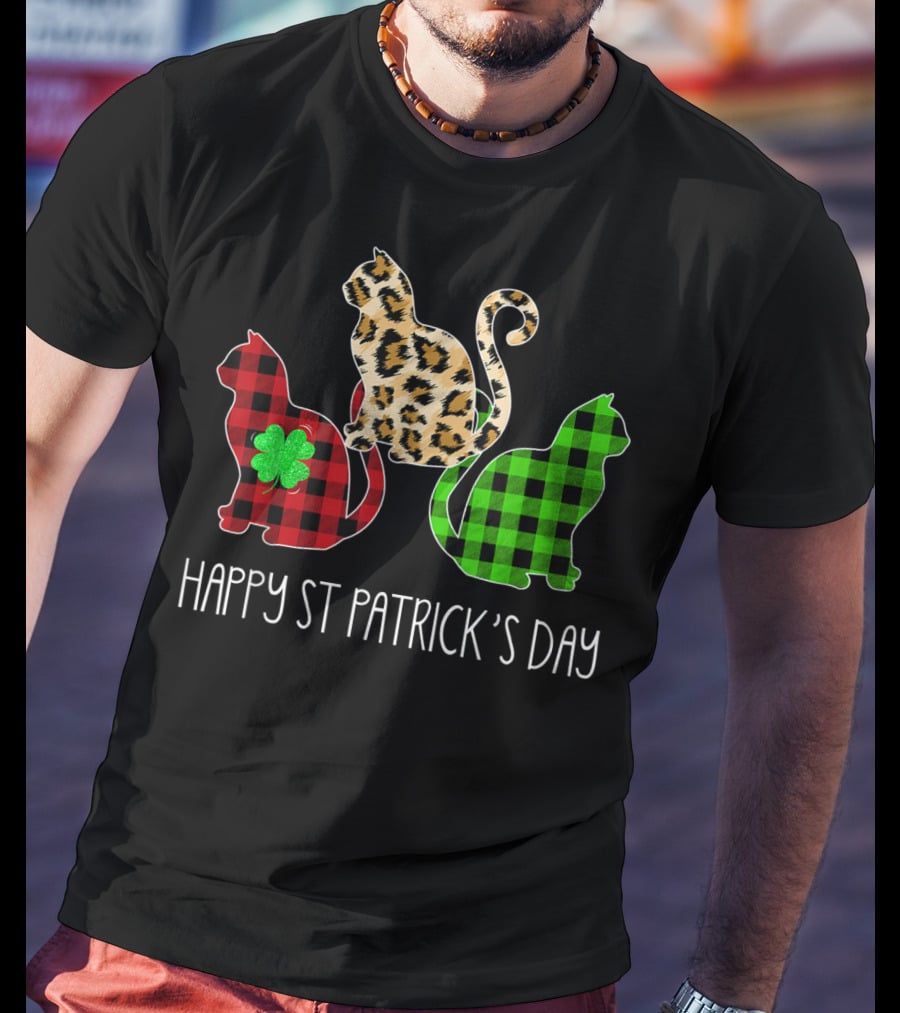 Happy St Patrick’s Day Leopard Buffalo Plaid Cat Trio T-Shirt