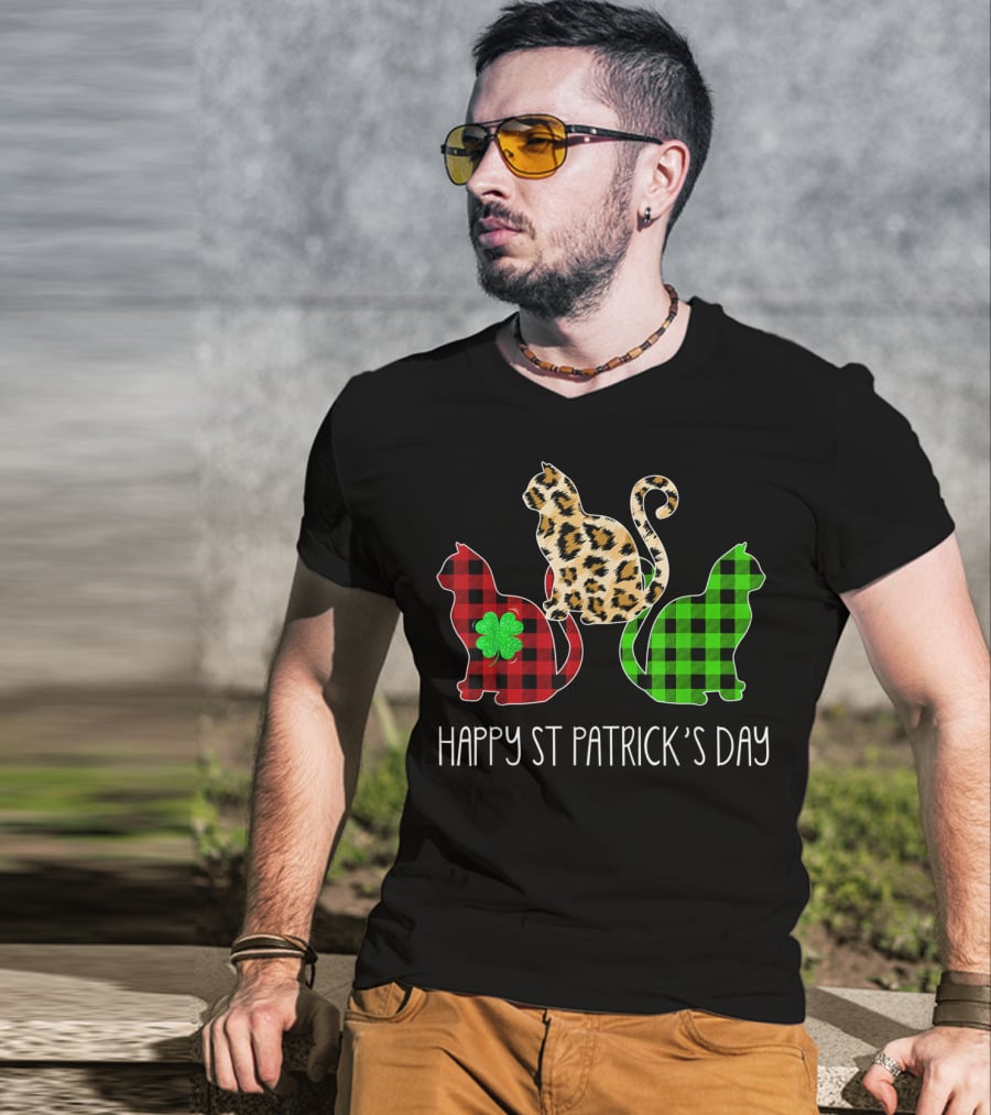Happy St Patrick’s Day Leopard Buffalo Plaid Cat Trio T-Shirt