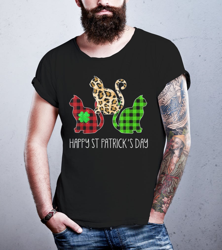 Happy St Patrick’s Day Leopard Buffalo Plaid Cat Trio T-Shirt
