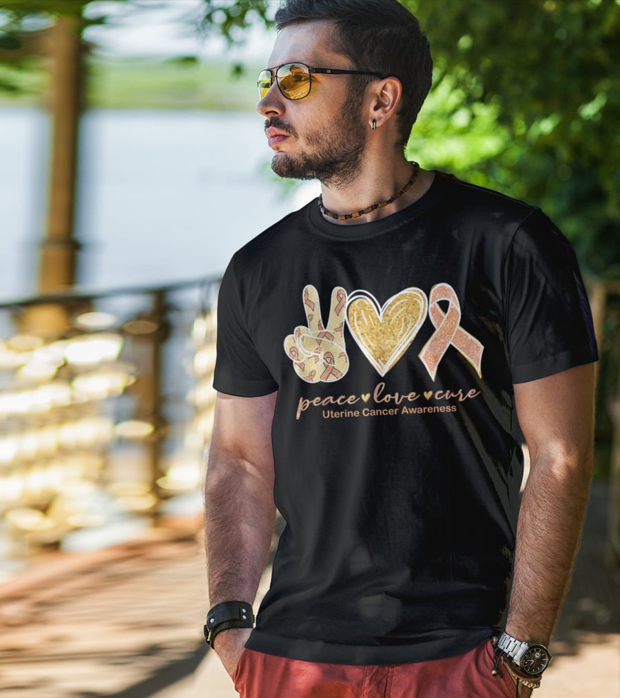 Peace Love Cure Uterine Cancer Awareness Peach T-Shirt