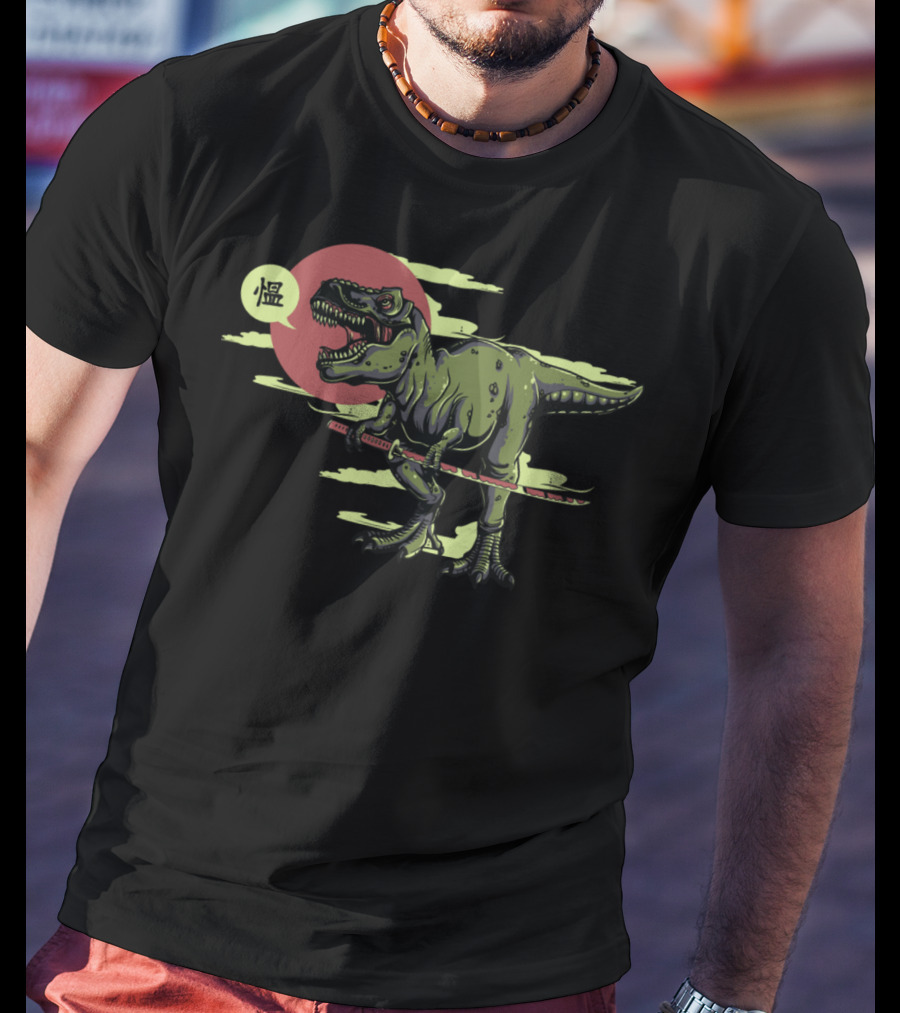 T Rex Dinosaur Samurai With Katana And Japanese T-Shirt