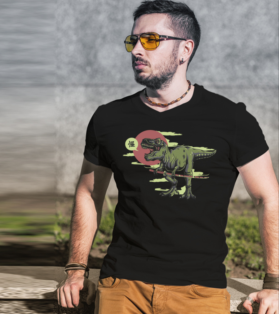T Rex Dinosaur Samurai With Katana And Japanese T-Shirt