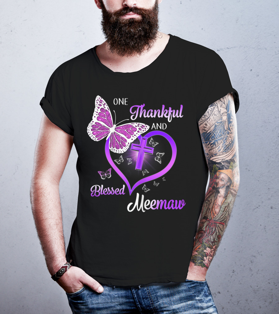 One Thankful And Blessed Meemaw Butterfly Cross Heart T-Shirt
