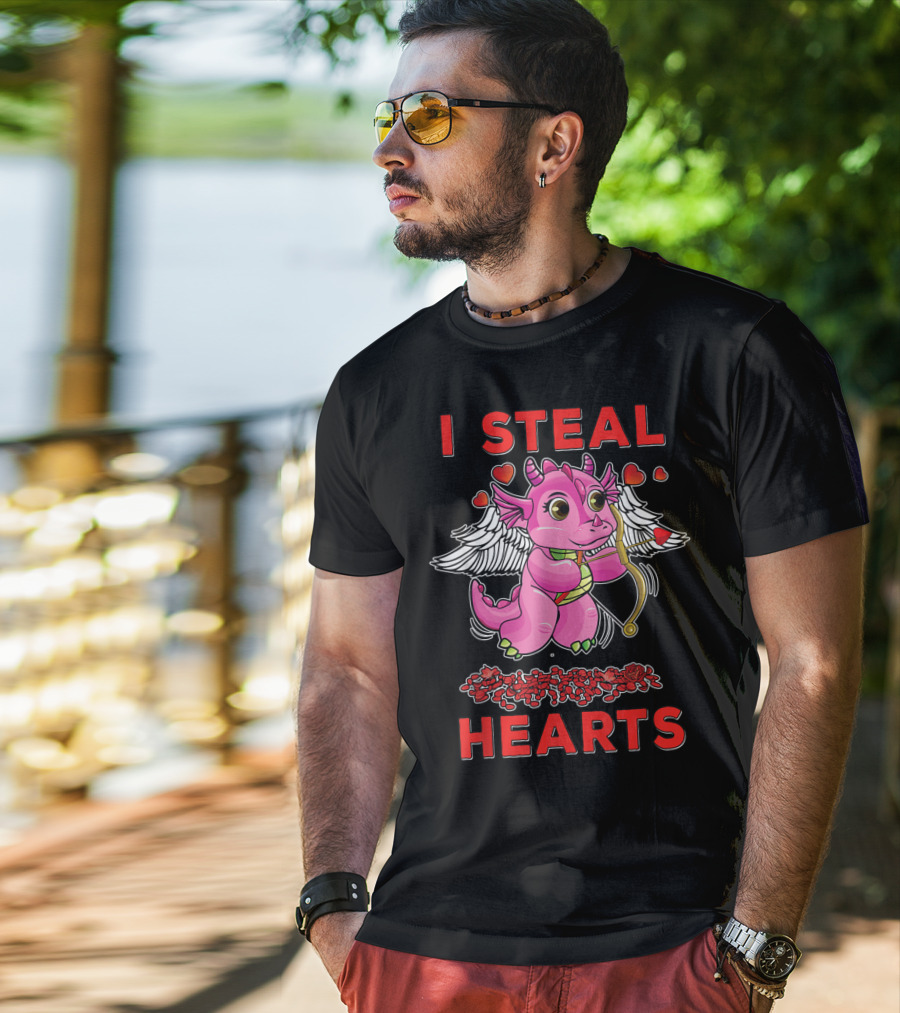 I Steal Hearts Valentine's Day Cute Cupid Dragon Girl With Bow And Roses T-Shirt