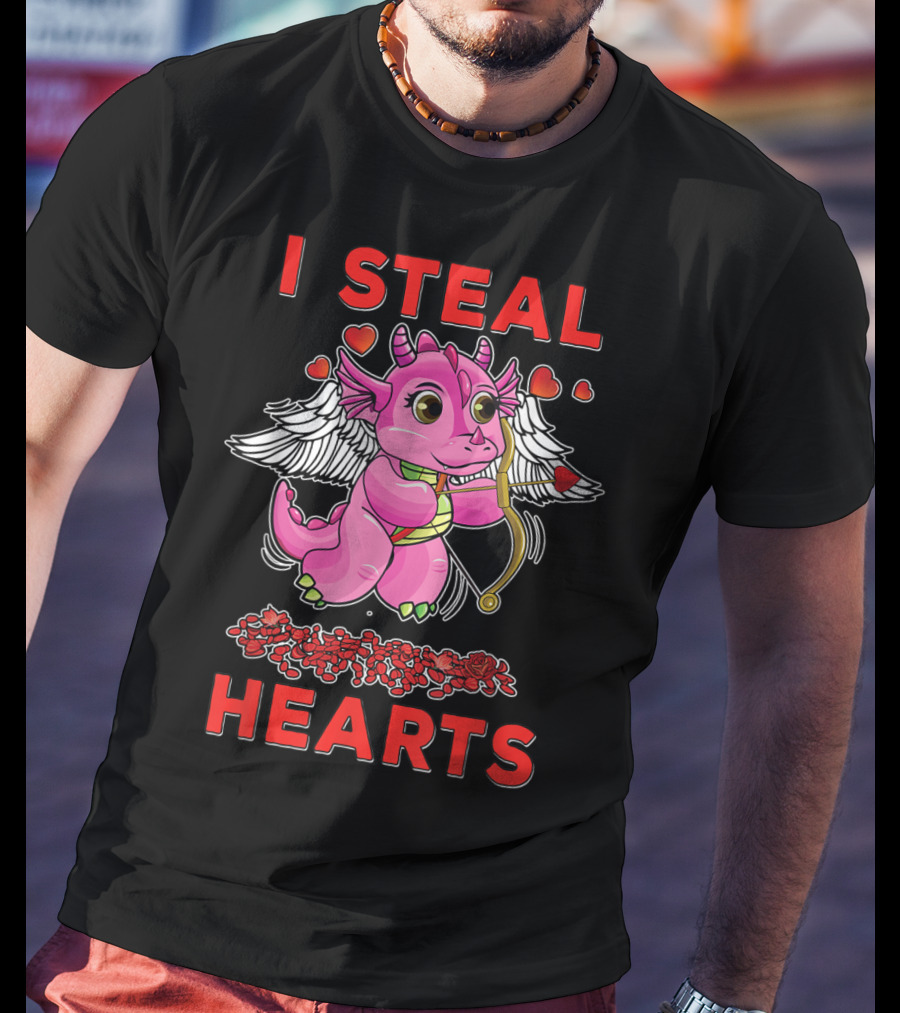 I Steal Hearts Valentine's Day Cute Cupid Dragon Girl With Bow And Roses T-Shirt