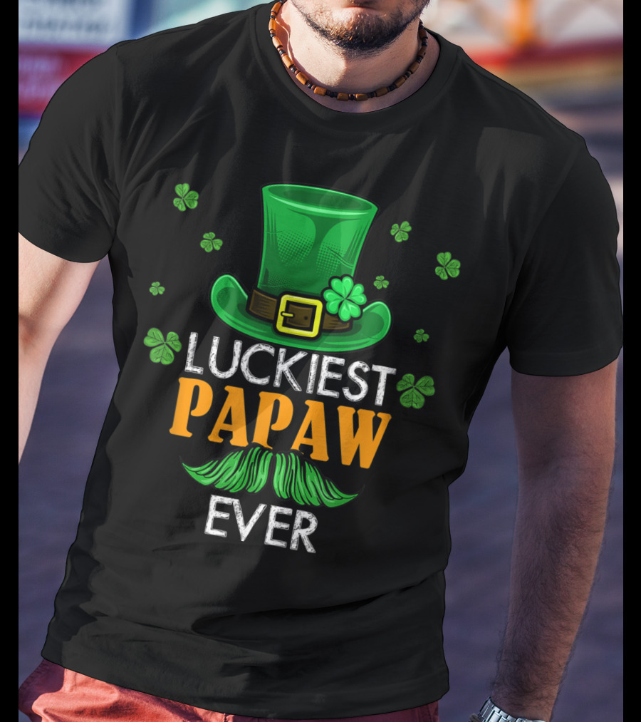 Luckiest Papaw Ever Green Leprechaun Hat Shamrocks T-Shirt