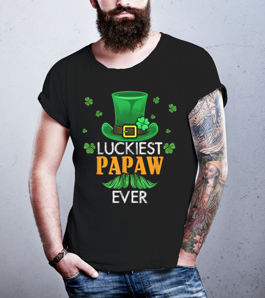 Luckiest Papaw Ever Green Leprechaun Hat Shamrocks T-Shirt