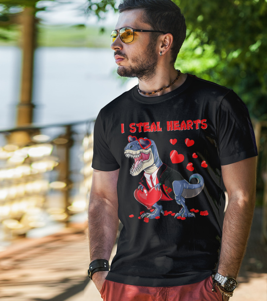 I Steal Hearts Valentines Day Dinosaur In Tuxedo With Hearts T-Shirt