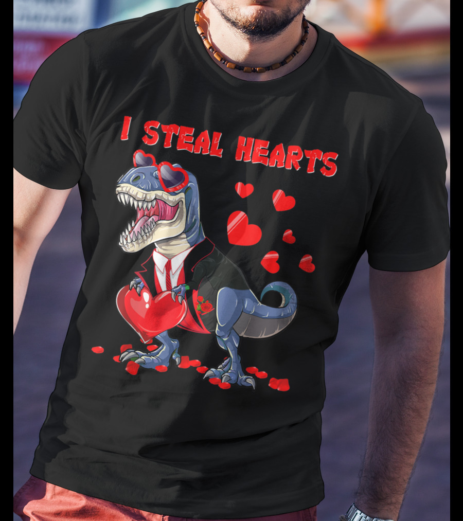 I Steal Hearts Valentines Day Dinosaur In Tuxedo With Hearts T-Shirt