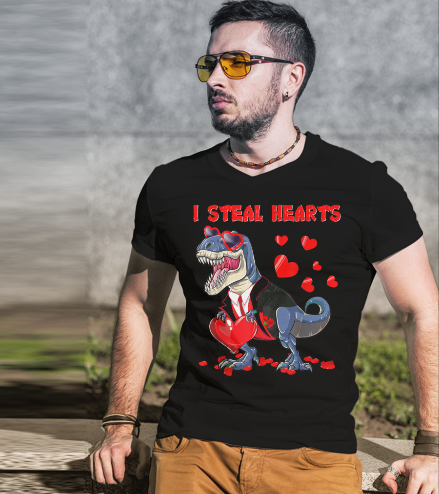 I Steal Hearts Valentines Day Dinosaur In Tuxedo With Hearts T-Shirt