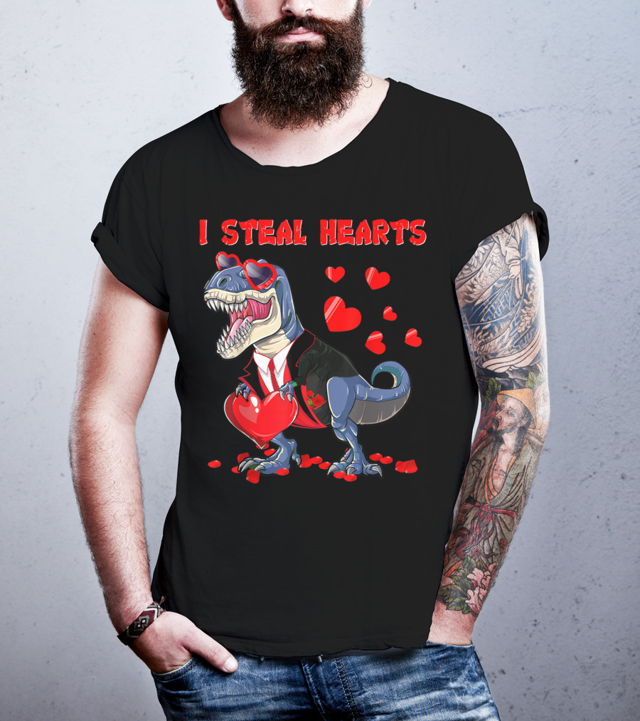 I Steal Hearts Valentines Day Dinosaur In Tuxedo With Hearts T-Shirt