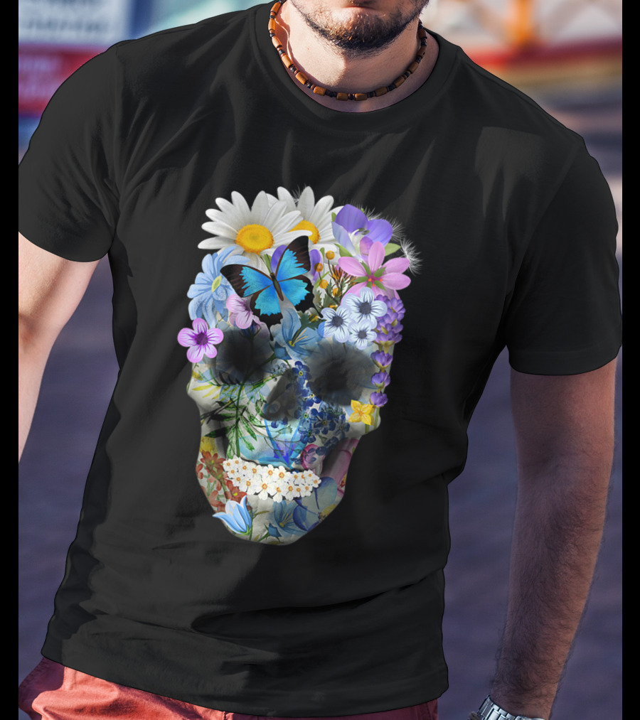 Halloween Floral Sugar Skull With Colorful Flowers And Butterfly T-Shirt