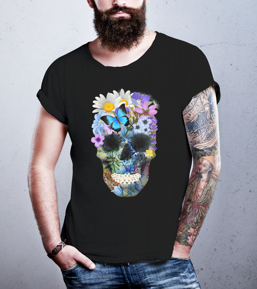 Halloween Floral Sugar Skull With Colorful Flowers And Butterfly T-Shirt