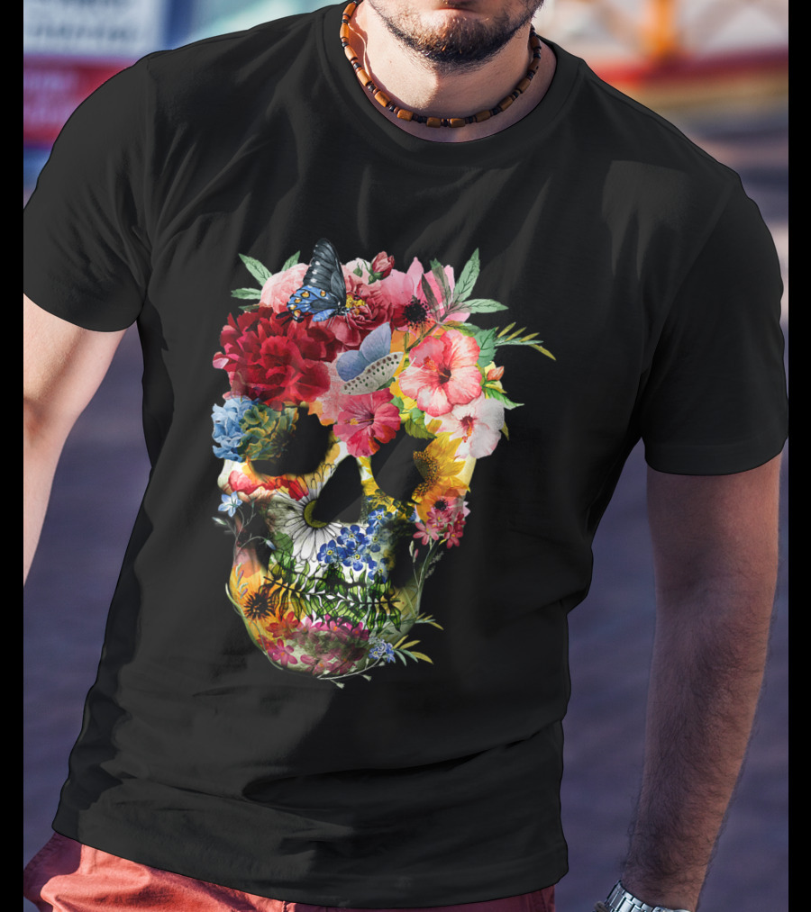 Floral Sugar Skull Butterfly Garden Bouquet T-Shirt