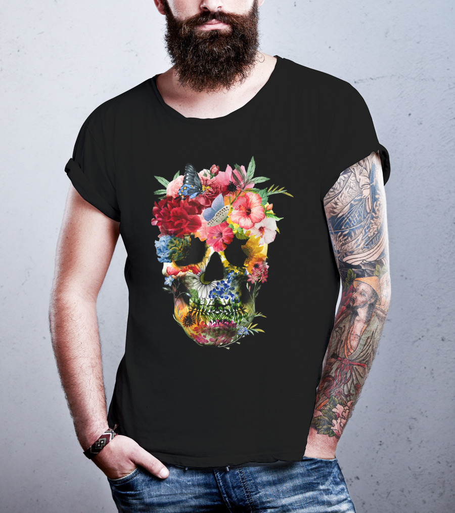 Floral Sugar Skull Butterfly Garden Bouquet T-Shirt