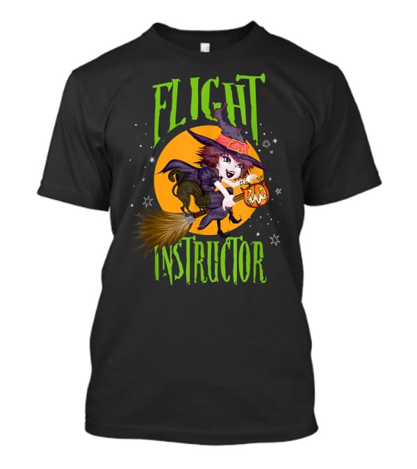 Flight Instructor Witch Broomstick Halloween Cat And Pumpkin Magic Stars T-Shirt