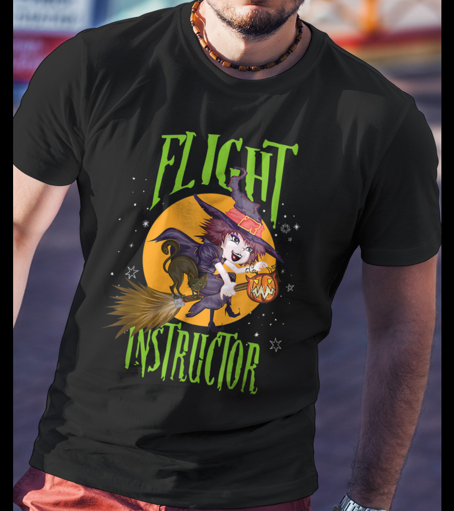 Flight Instructor Witch Broomstick Halloween Cat And Pumpkin Magic Stars T-Shirt