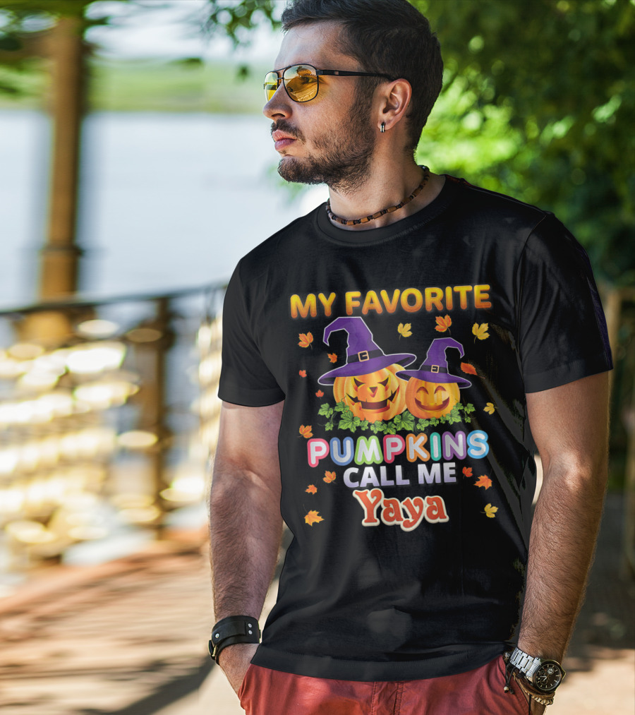 My Favorite Pumpkins Call Me Yaya Halloween Jack O' Lanterns With Witch Hats And Autumn Leaves T-Shirt
