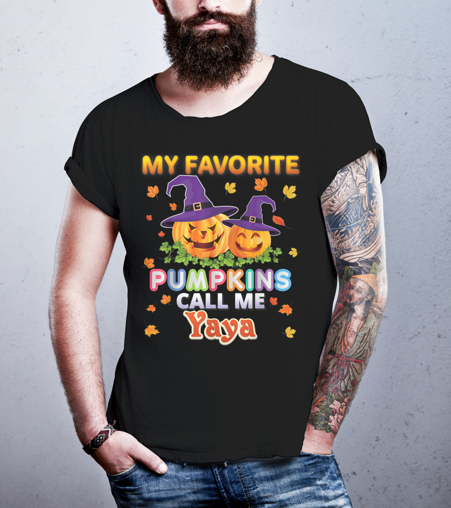 My Favorite Pumpkins Call Me Yaya Halloween Jack O' Lanterns With Witch Hats And Autumn Leaves T-Shirt