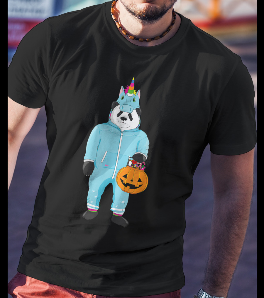 Panda Wearing Unicorn Costume Holding Spooky Pumpkin Lantern In Halloween T-Shirt