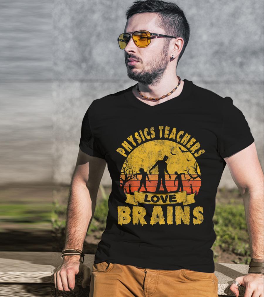 Physics Teachers Love Brains Halloween Zombie Sunset Bats T-Shirt