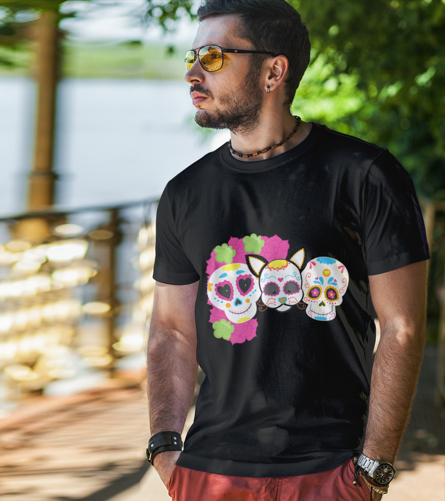 Sugar Skull Cat With Flowers Day Of Dead Floral Skulls T-Shirt