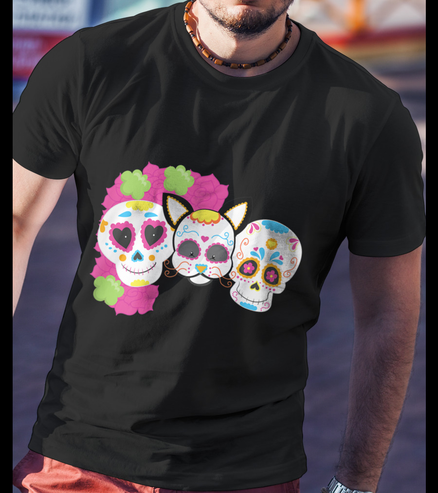 Sugar Skull Cat With Flowers Day Of Dead Floral Skulls T-Shirt