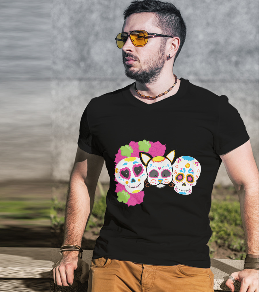 Sugar Skull Cat With Flowers Day Of Dead Floral Skulls T-Shirt