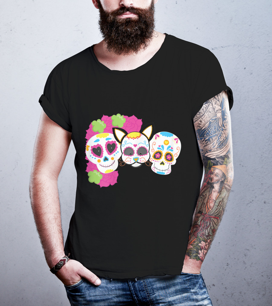 Sugar Skull Cat With Flowers Day Of Dead Floral Skulls T-Shirt