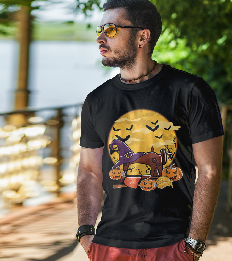 Spooky Sewing Machine With Halloween Pumpkins And Witch Hat In Full Moon Bat Swarm T-Shirt