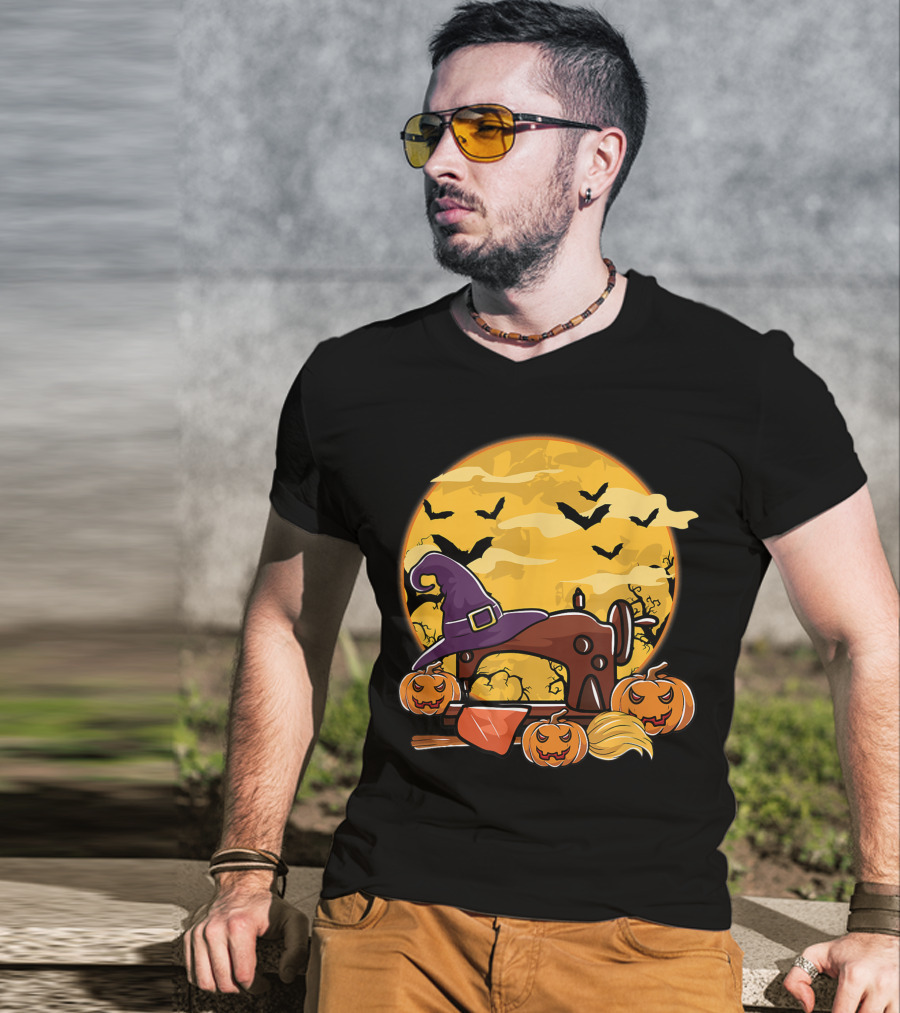 Spooky Sewing Machine With Halloween Pumpkins And Witch Hat In Full Moon Bat Swarm T-Shirt