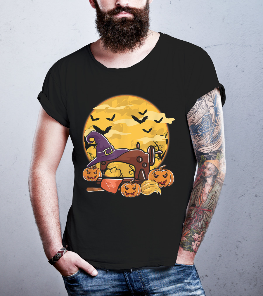 Spooky Sewing Machine With Halloween Pumpkins And Witch Hat In Full Moon Bat Swarm T-Shirt