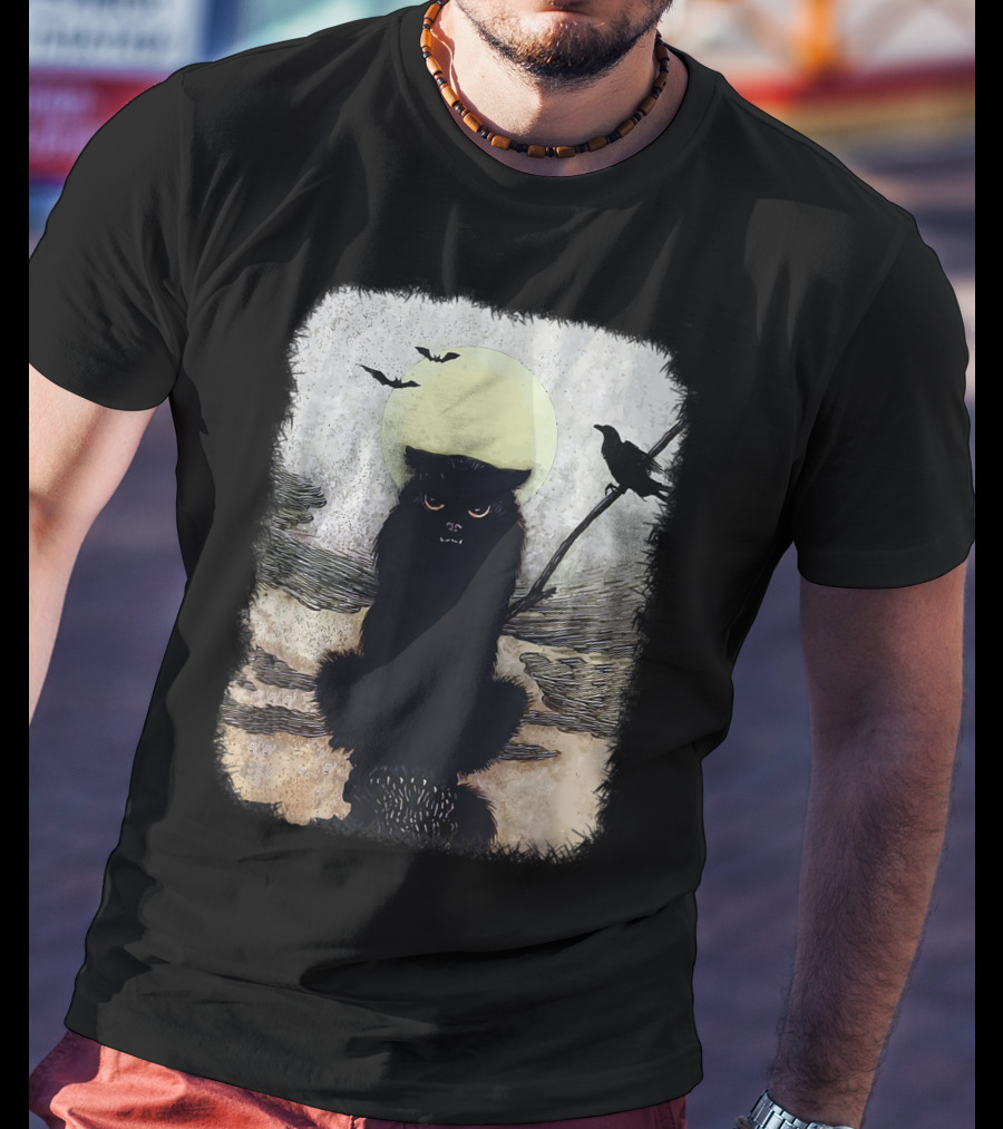 Moonlit Spooky Halloween Scary Black Cat With Bats And Crow T-Shirt