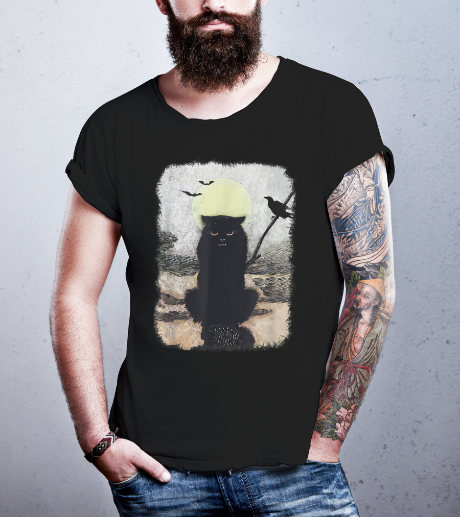 Moonlit Spooky Halloween Scary Black Cat With Bats And Crow T-Shirt