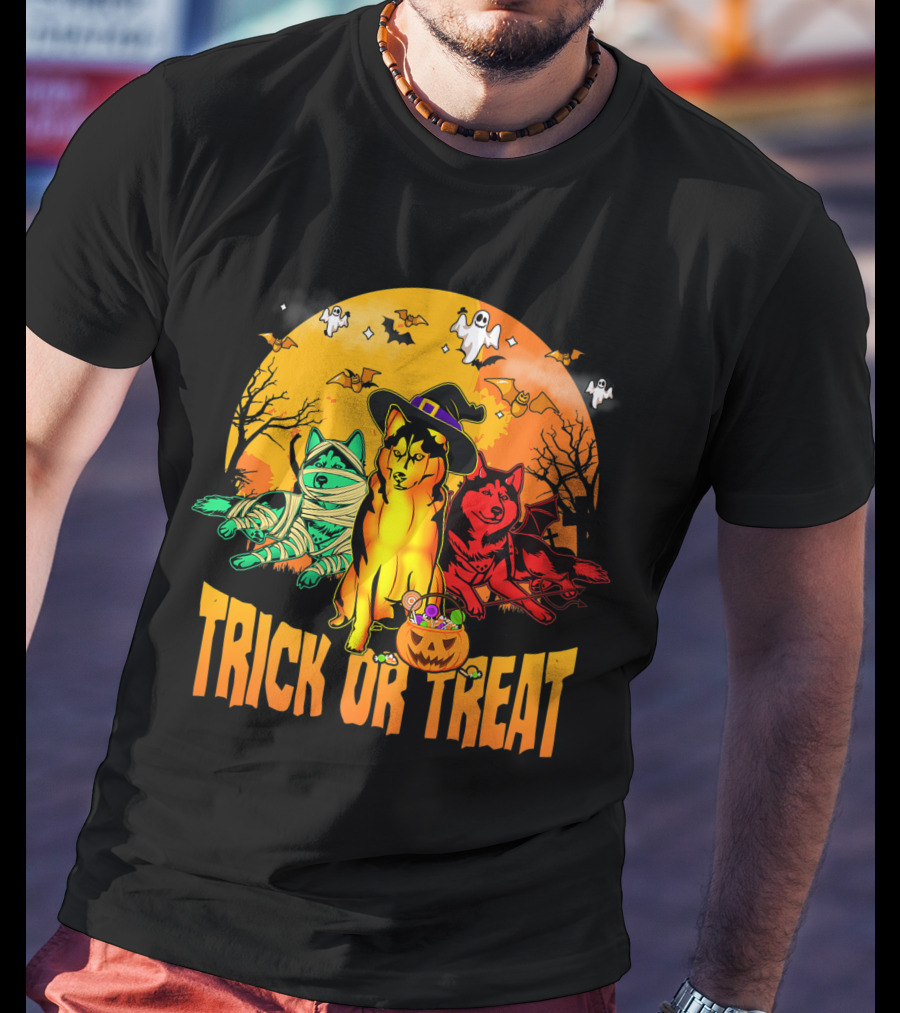 Trick Or Treat Siberian Husky Halloween Ghosts Pumpkins And Bats T-Shirt
