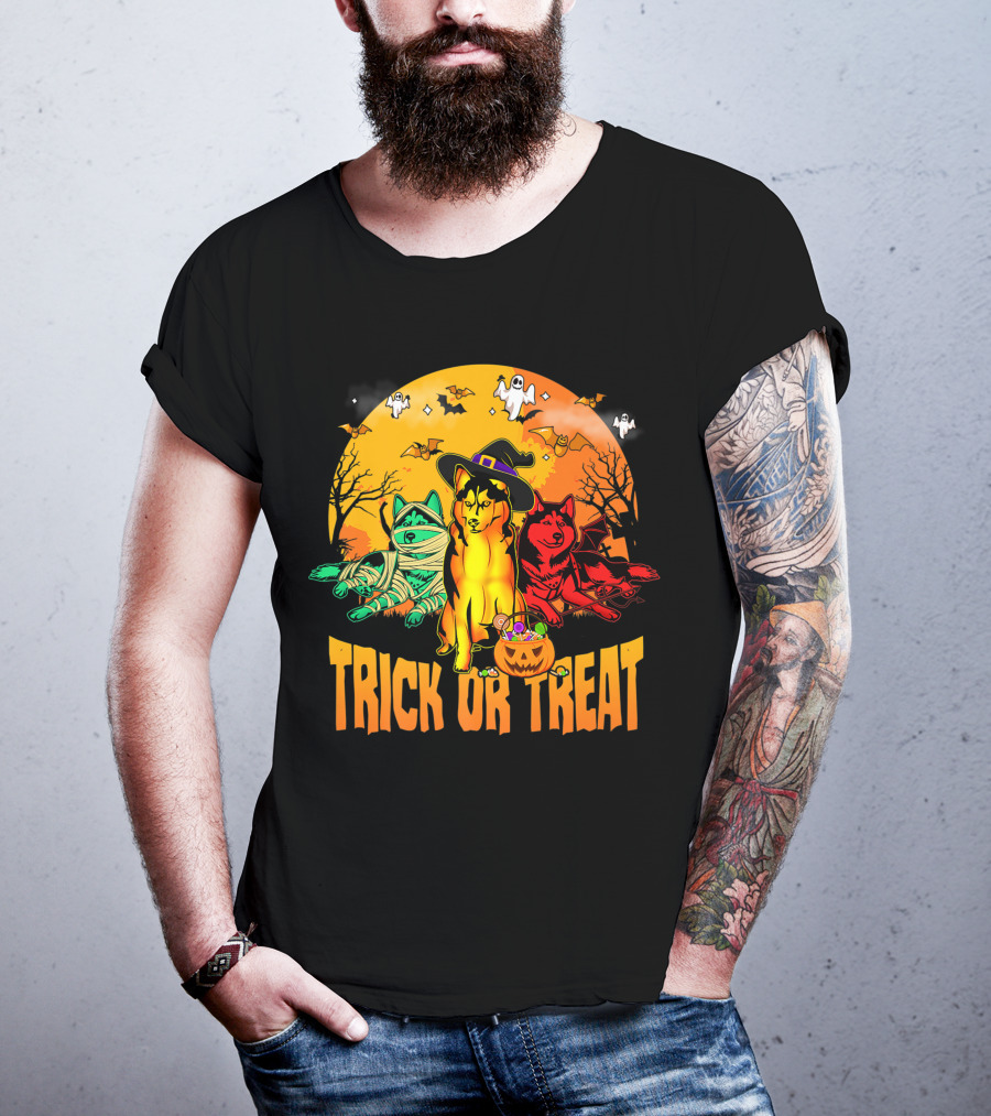 Trick Or Treat Siberian Husky Halloween Ghosts Pumpkins And Bats T-Shirt