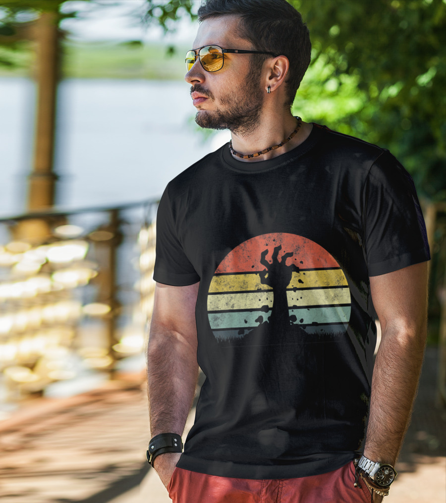 Vintage Retro Scary Zombie Hand Rising In Striped Sunset Background T-Shirt