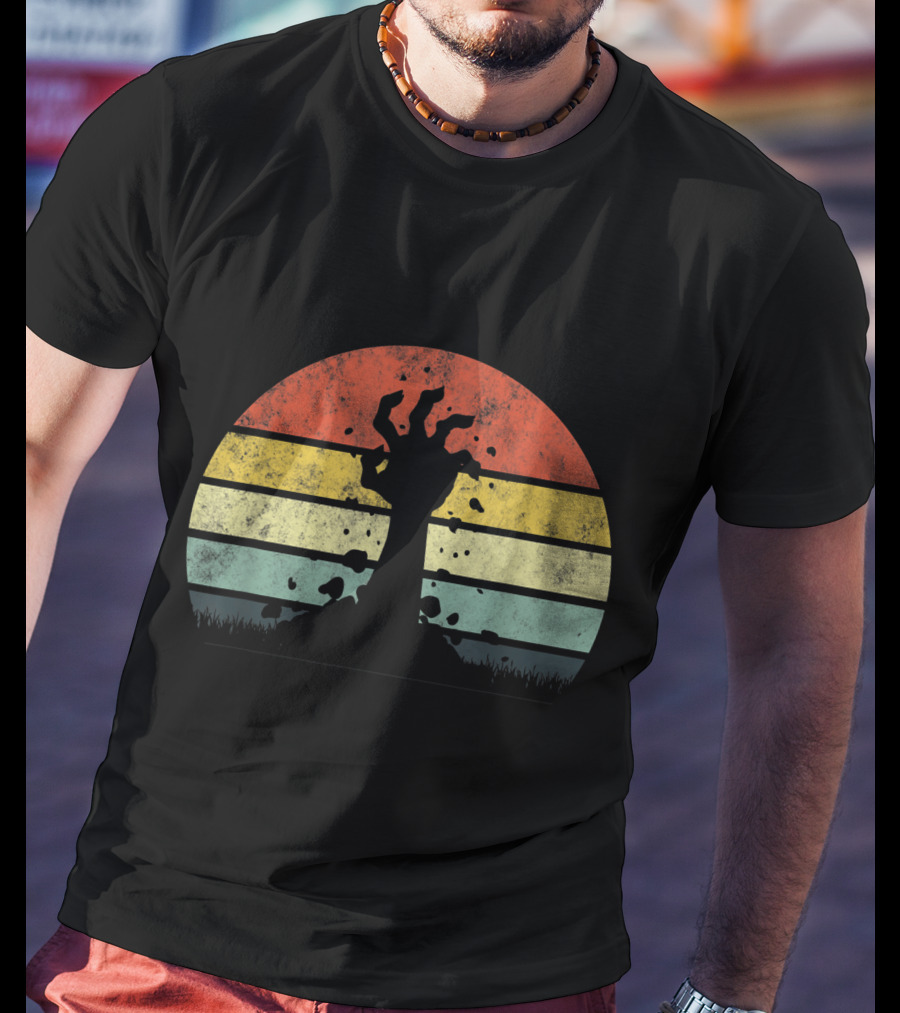 Vintage Retro Scary Zombie Hand Rising In Striped Sunset Background T-Shirt